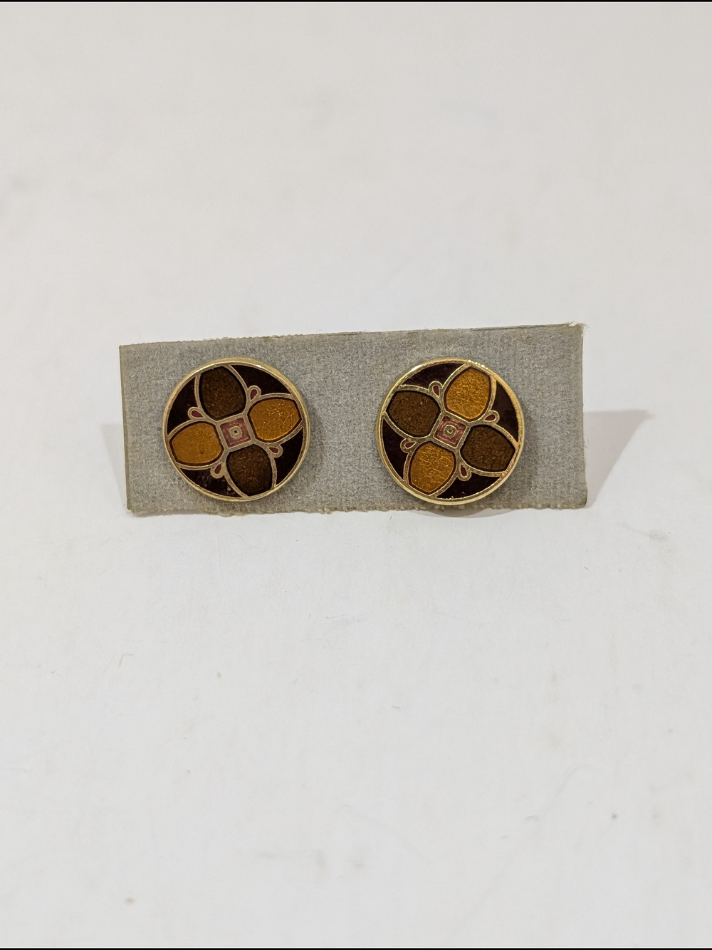 Vtg Gold-Tone Brown & Mustard Enamel Geo Floral Stud Earrings